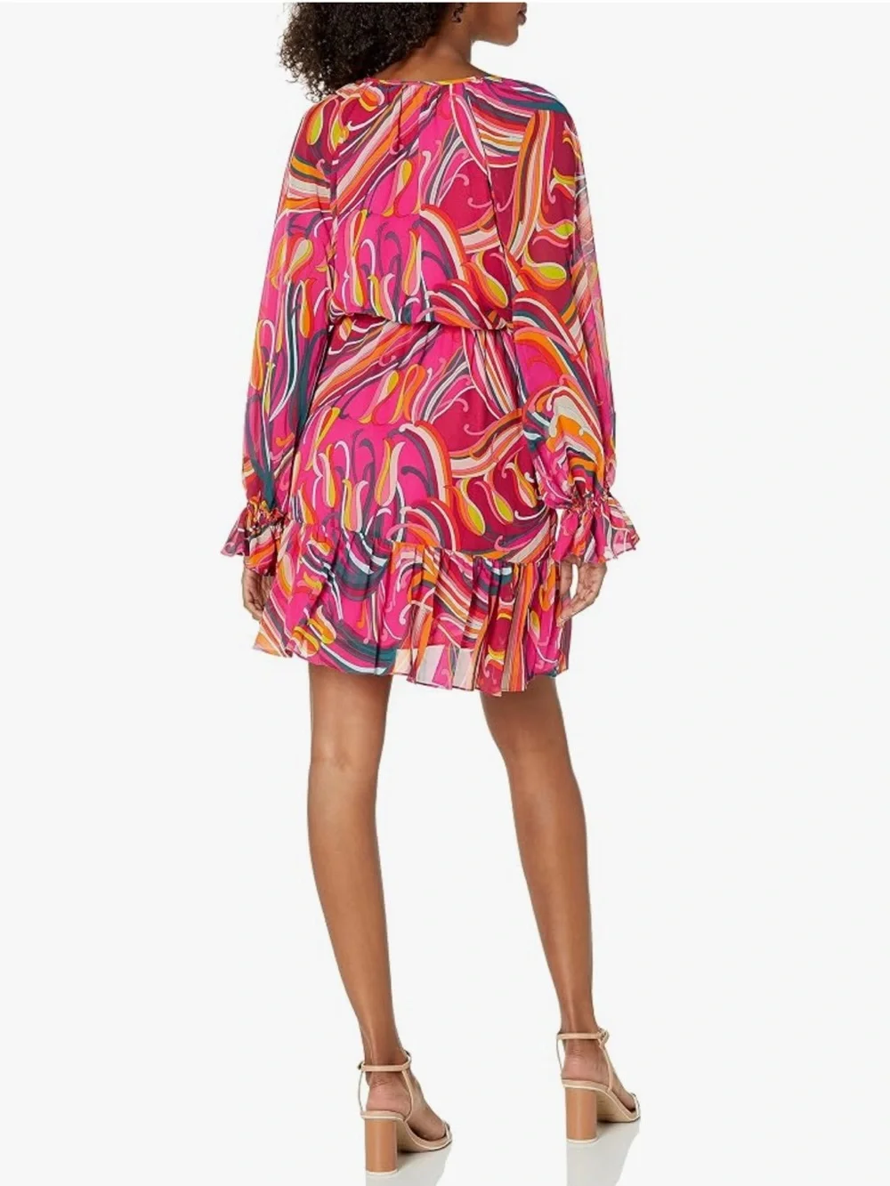 Trina Turk “Viti” red pink abstract 60s inspired print flounce dress L